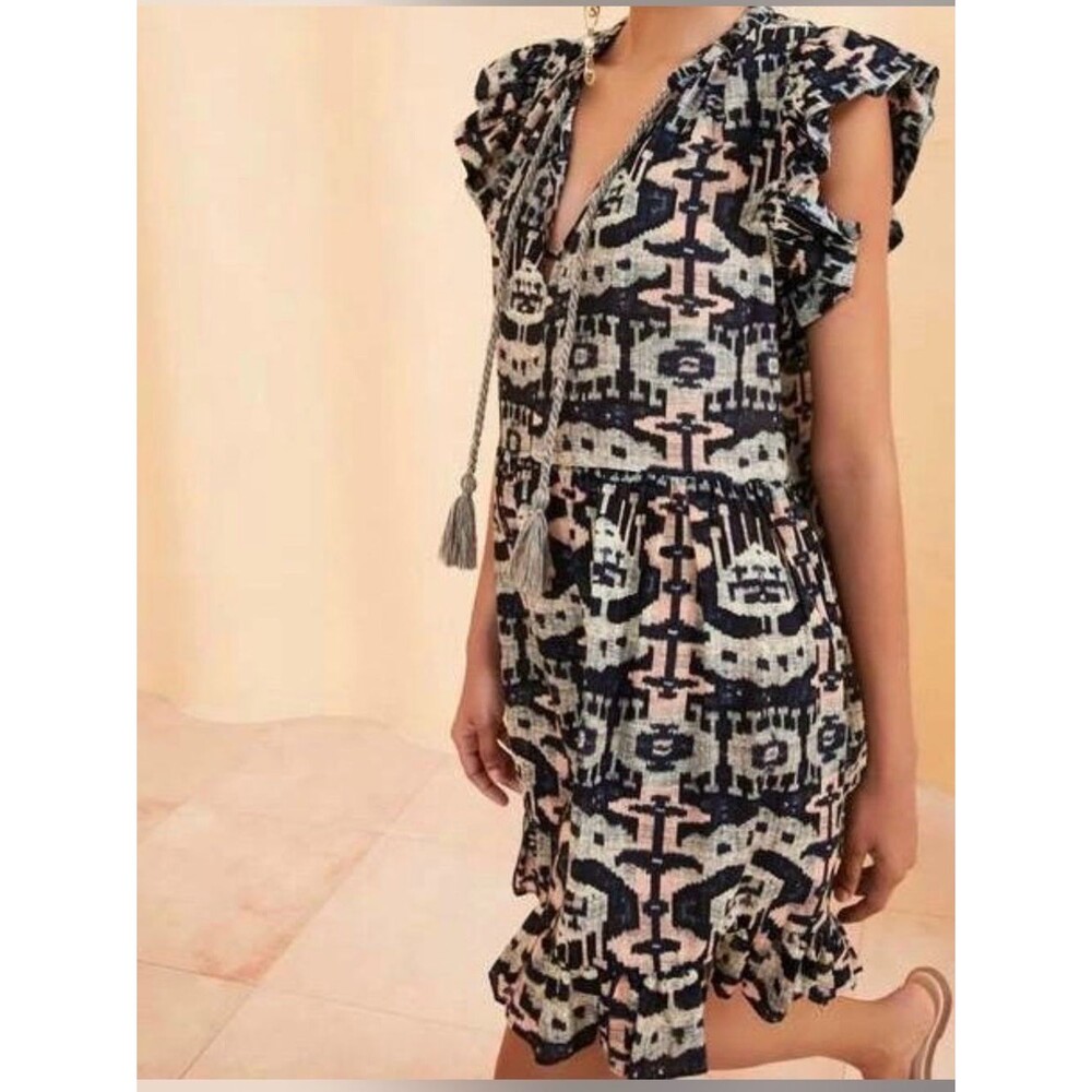 Ulla Johnson Lina Fig Ikat Ruffle Flutter Sleeve Coverup Dress S